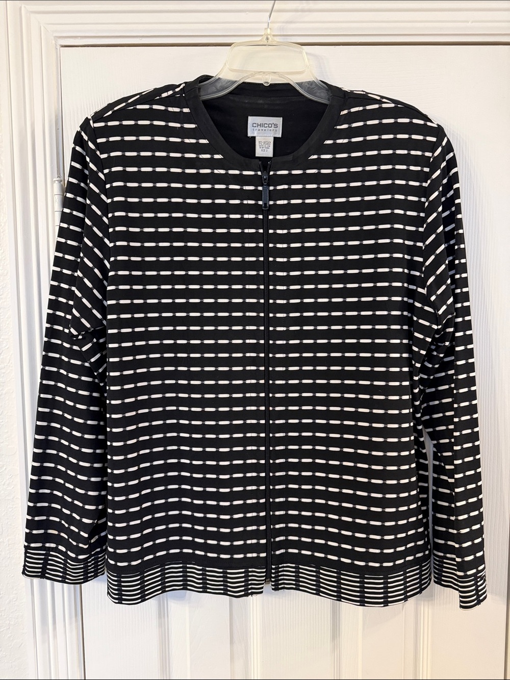 Size 3 Chico's Black and White Striped Zip Jacket